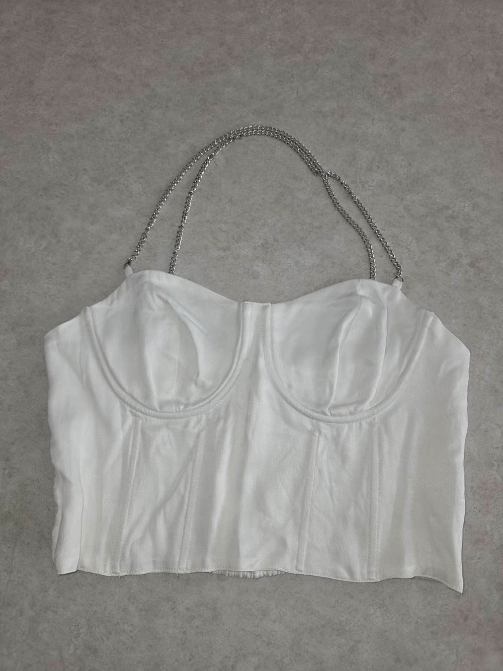 Glassons White Satin Corset Crop Top with Silver Chain Straps